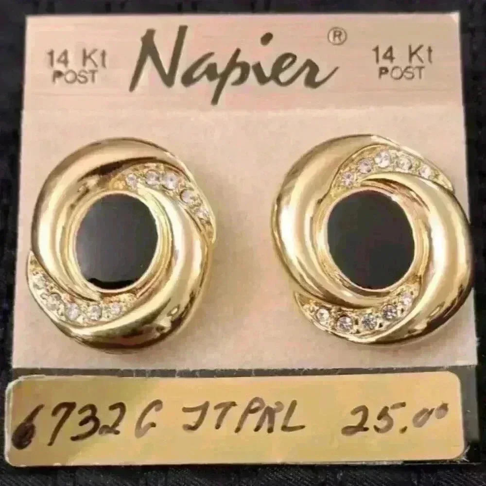 Napier Spiral Gold Tone Faux‎ Black Onyx Center Pierced Earrings 14kt Post